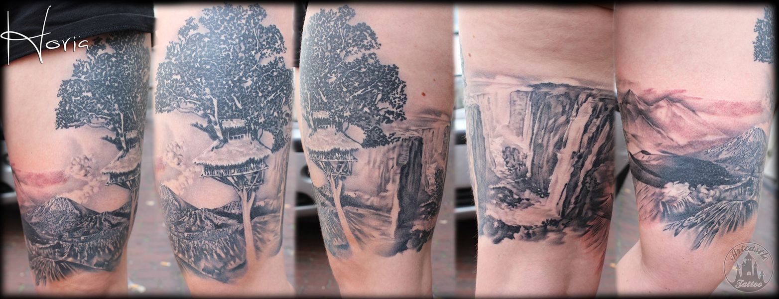 ArtCastleTattoo Tattoo ArtiestPrive Horia Realistic landscape tattoo black n grey upper leg Black n Grey
