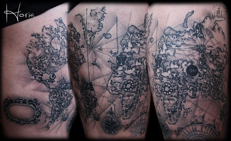 ArtCastleTattoo Tattoo ArtiestPrive Horia Realistic world map tattoo black n grey on upper leg Black n Grey