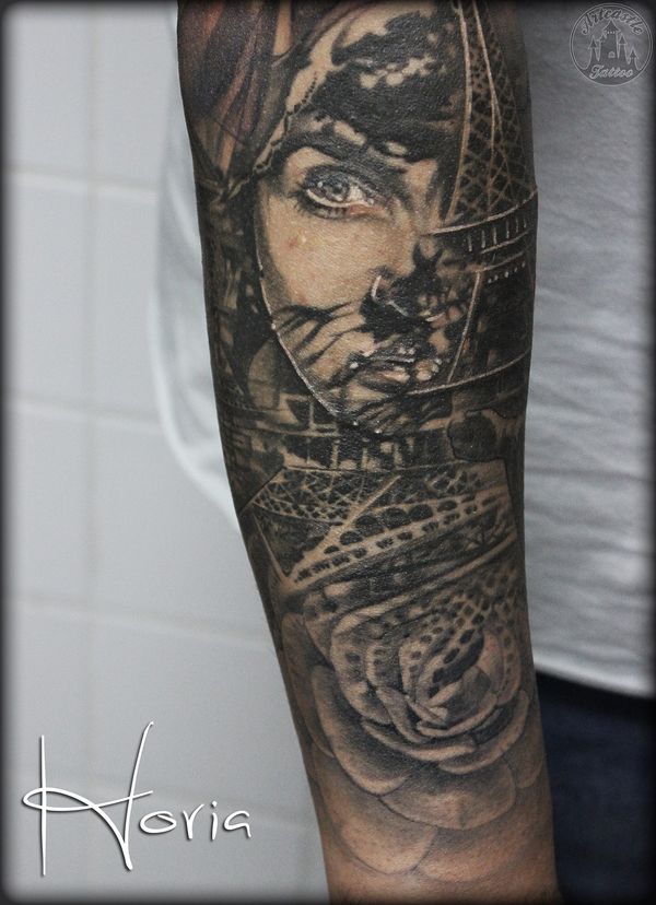 ArtCastleTattoo Tattoo ArtiestPrive Horia Sleeve details womans face portrait with rose and Eiffel Tower tattoo black n grey healed Sleeves