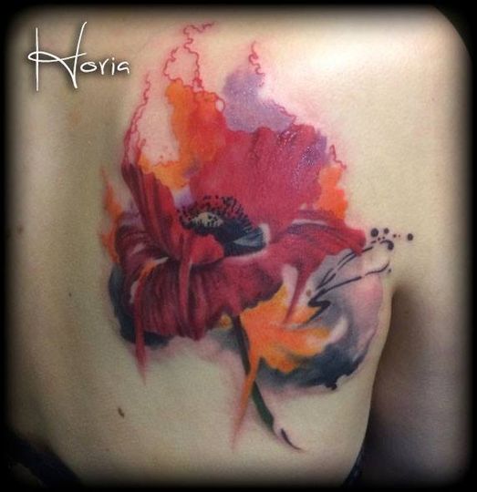 ArtCastleTattoo Tattoo ArtiestPrive Horia Watercolor poppy flower tattoo realistic color on shoulder blade Color