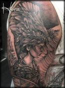 ArtCastleTattoo Tattoo ArtiestPrive Horia Womans portrait with bird head dress black n grey realistic black n grey tattoo Black n Grey