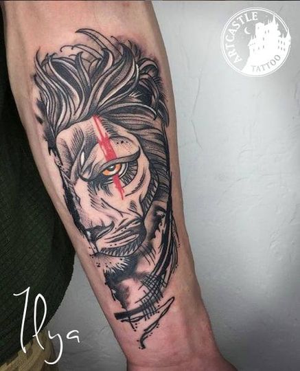 ArtCastleTattoo Tattoo ArtiestPrive Ilya Lion on arm Blackwork