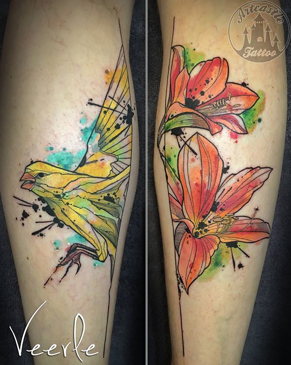 ArtCastleTattoo Tattoo ArtiestVeerle Birds and flowers with water color effects Color