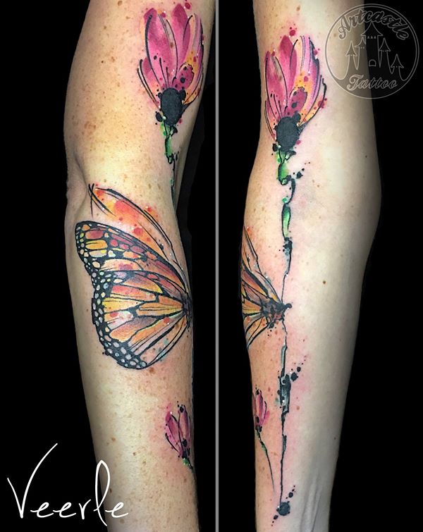 ArtCastleTattoo Tattoo ArtiestVeerle Butterfly and flower with water color elements Color