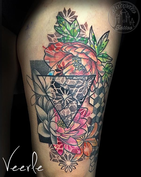 ArtCastleTattoo Tattoo ArtiestVeerle Flower piece with full color flowers and black and grey flowers and geometrical elements Color