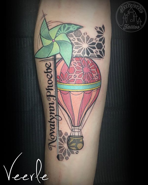 ArtCastleTattoo Tattoo ArtiestVeerle Hot air balloon with a windmill and lettering Color