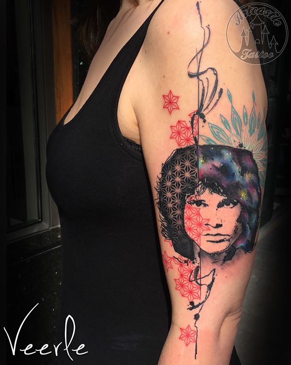 ArtCastleTattoo Tattoo ArtiestVeerle Jim Morrison of The Doors tattoo with a mandala and geometrical elements Color