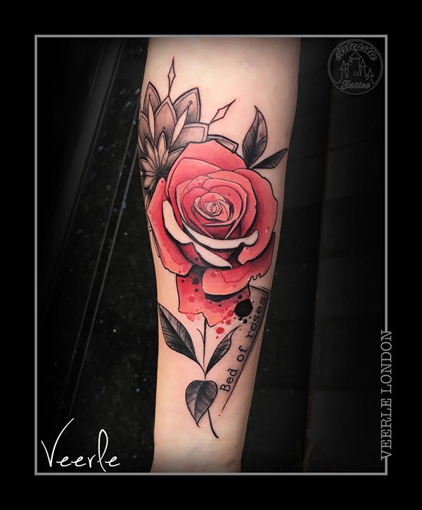 ArtCastleTattoo Tattoo ArtiestVeerle Rose with black n grey mandala and watercolor drops and small lettering Color