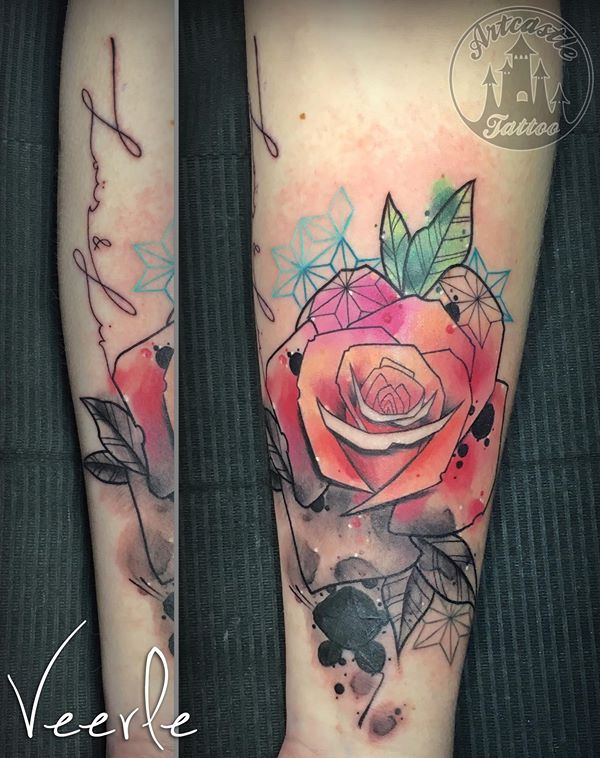 ArtCastleTattoo Tattoo ArtiestVeerle Rose with geometrical and watercolor elements Color
