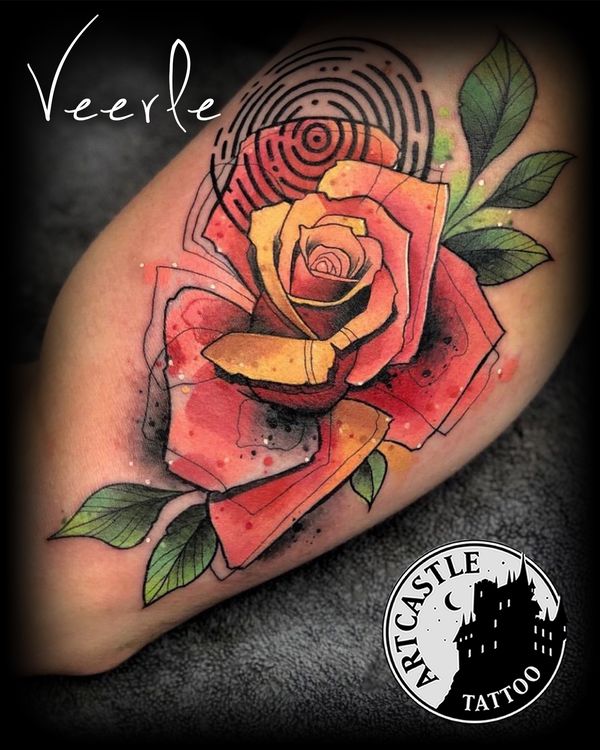 ArtCastleTattoo Tattoo ArtiestVeerle Rose with linework and watercolor Color