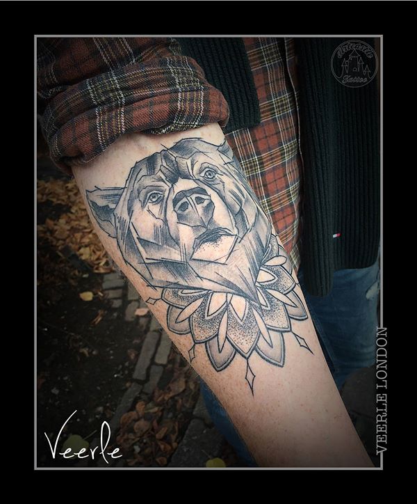 ArtCastleTattoo Tattoo ArtiestVeerle Sketch style bear with mandala and dotwork on lower arm Black n Grey