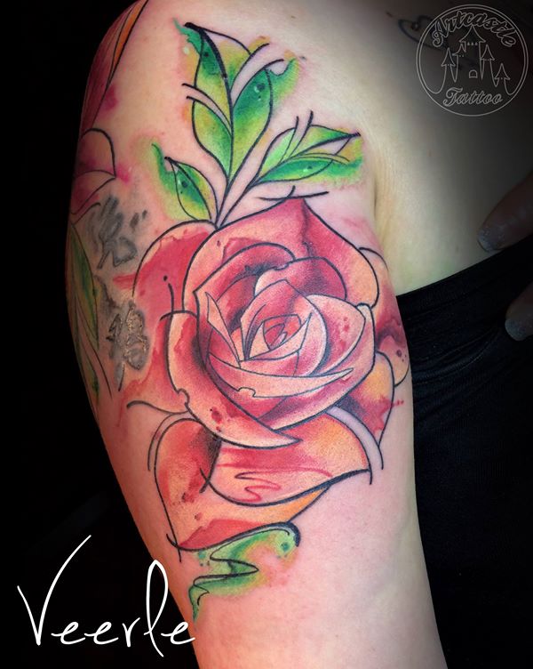 ArtCastleTattoo Tattoo ArtiestVeerle Watercolor rose with vibrant colors Color