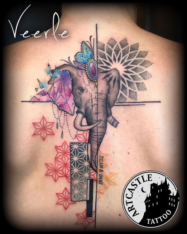 ArtCastleTattoo Tattoo ArtiestVeerle elephant with mandala and geometry on upper back Color