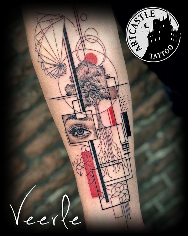 ArtCastleTattoo Tattoo ArtiestVeerle geometric lower arm with eye and tree Black n Grey