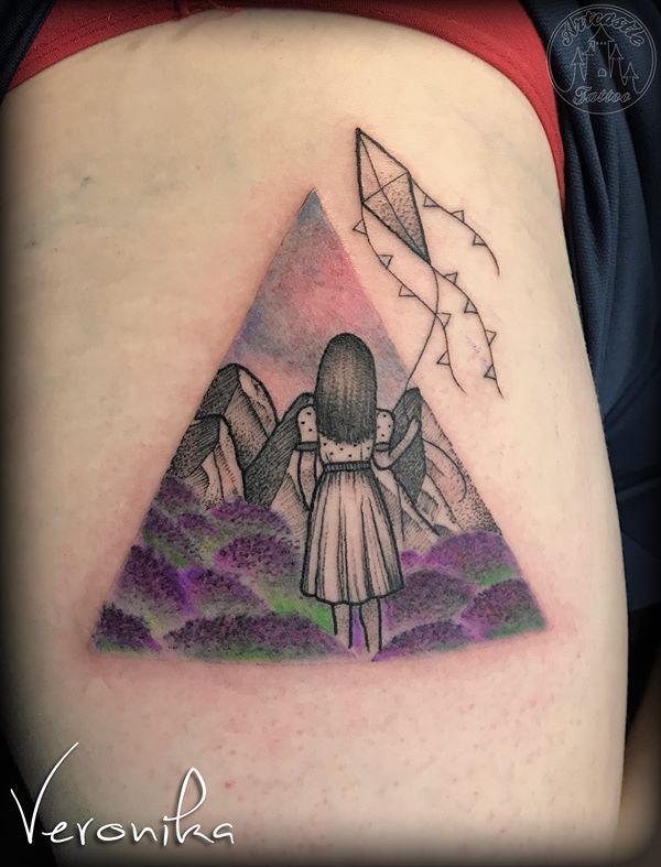 ArtCastleTattoo Tattoo ArtiestVeronika Girl with a kite in a landscape Color