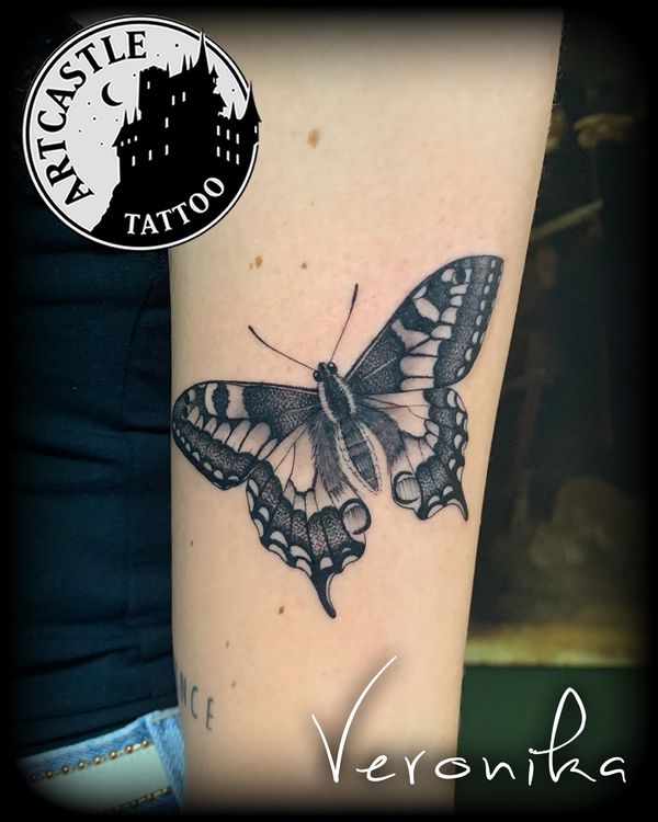 ArtCastleTattoo Tattoo ArtiestVeronika Realistic butterfly on upper arm Black n Grey