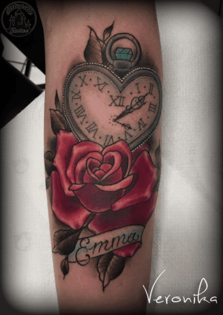 ArtCastleTattoo Tattoo ArtiestVeronika Rose and pocketwatch in the shape of a heart with name in color Neo Traditional