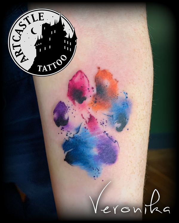 ArtCastleTattoo Tattoo ArtiestVeronika Watercolor pawprint on inside of lower arm Color