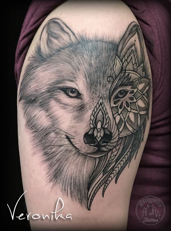 ArtCastleTattoo Tattoo ArtiestVeronika wolf and mandala on arm. black n grey black n grey