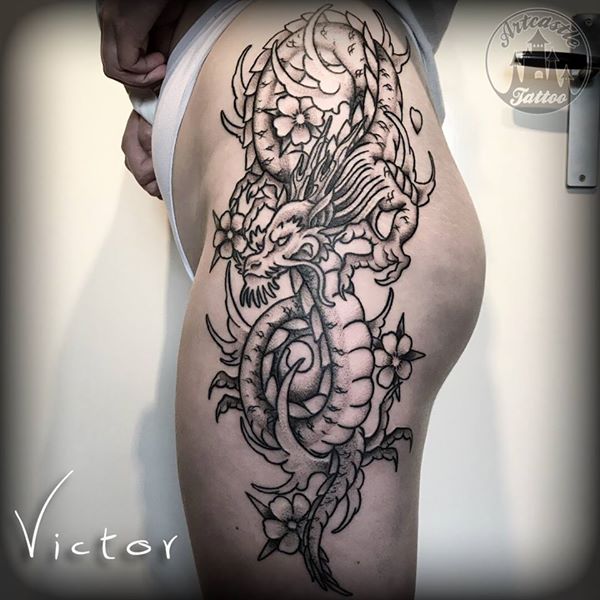 ArtCastleTattoo Tattoo ArtiestVictor Dragon on hip and thigh Japans Japanese