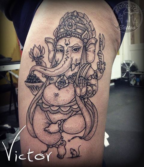 ArtCastleTattoo Tattoo ArtiestVictor Hindu elephant tattoo upper leg Neo Traditioneel Neo Traditional