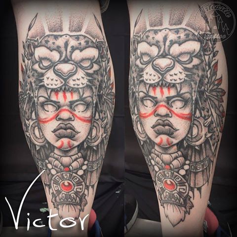 ArtCastleTattoo Tattoo ArtiestVictor Inca Woman Tiger head lower leg Neo Traditioneel Neo Traditional