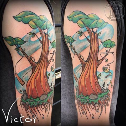 ArtCastleTattoo Tattoo ArtiestVictor New school tree tattoo on upper arm Kleur Color
