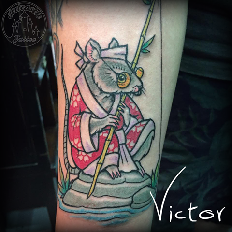ArtCastleTattoo Tattoo ArtiestVictor Traditional color fishing rat tattoo on arm Japans Japanese