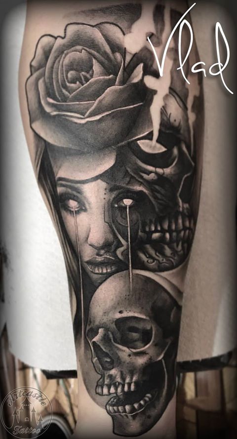 ArtCastleTattoo Tattoo ArtiestVlad Neo traditional realism fusion tattoo girls face with skulls and eye details black n grey Black n Grey
