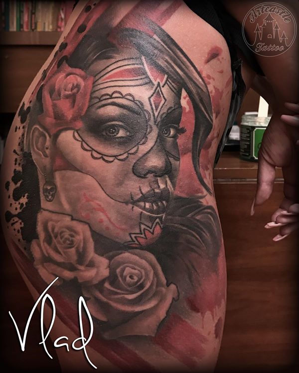 ArtCastleTattoo Tattoo ArtiestVlad Realistic Rihanna portrait tattoo day of the dead girl with roses on hip Black n Grey