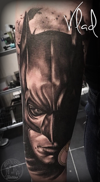 ArtCastleTattoo Tattoo ArtiestVlad Realistic batman portrait tattoo black n grey on lower arm Black n Grey