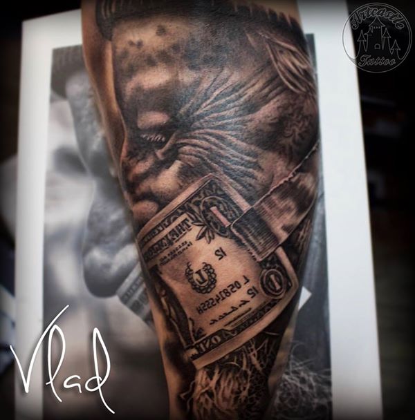 ArtCastleTattoo Tattoo ArtiestVlad Realistic portrait tattoo with american dollar in black n grey Black n Grey