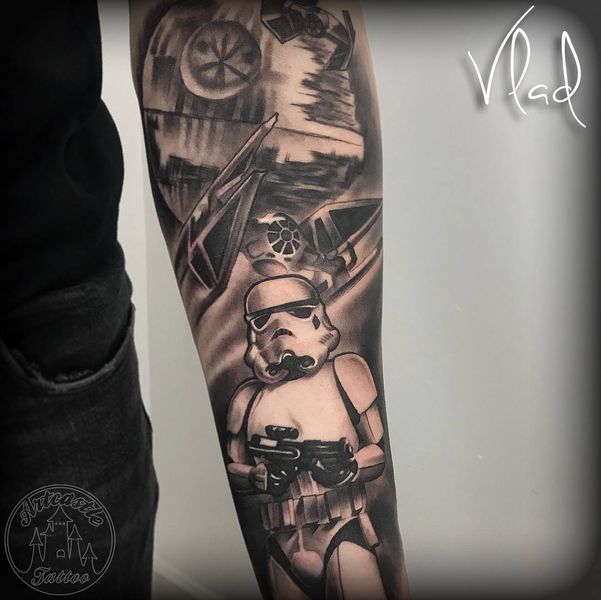 ArtCastleTattoo Tattoo ArtiestVlad storm trooper starways on lower arm black n grey